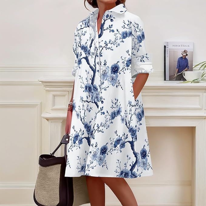 Shirt Dresses for Women 2025 Summer Long Sleeve Casual Plus Size Floral Printed Beach Vacation Dress with Pockets