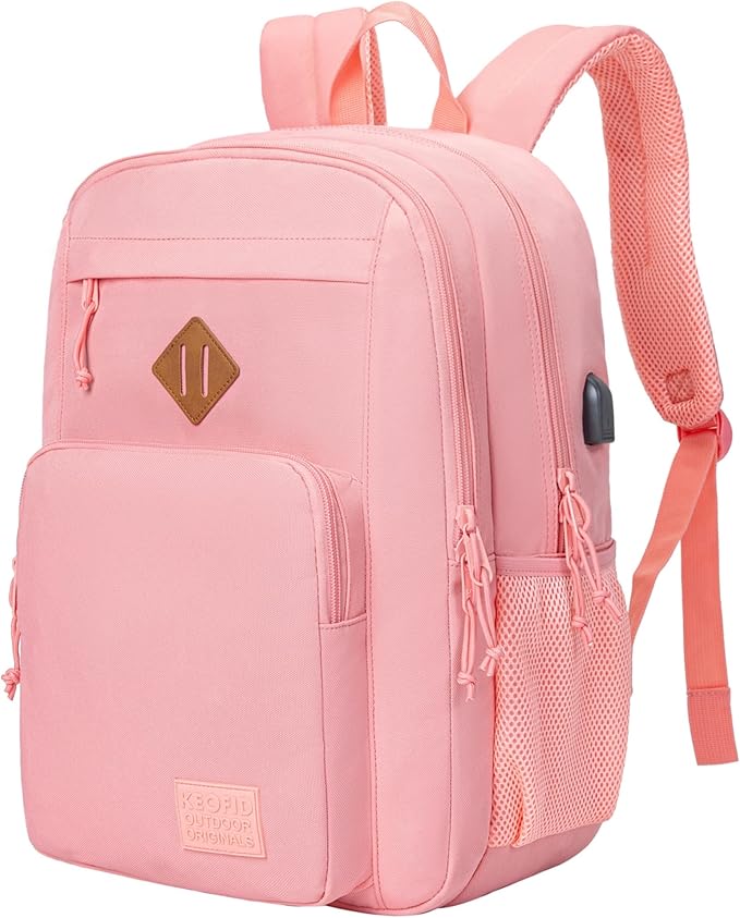 KEOFID Classic Travel backpack for Men and Women, Anti Theft Laptop Backpack with USB Charging Port for Work, Large Bag for College, Water Resistent(Bright Pink)