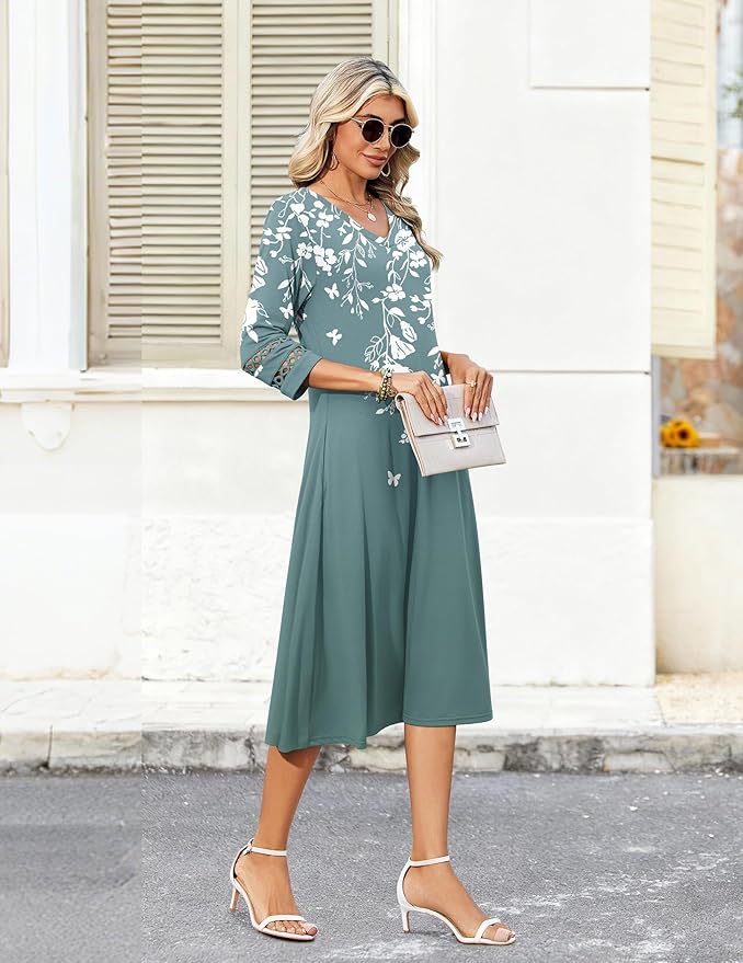 Zeagoo Women's Dresses 3/4 Sleeve Summer Casual V-Neck A Line Flowy Eyelet Midi Dress for Women Beach Vacation Sundress