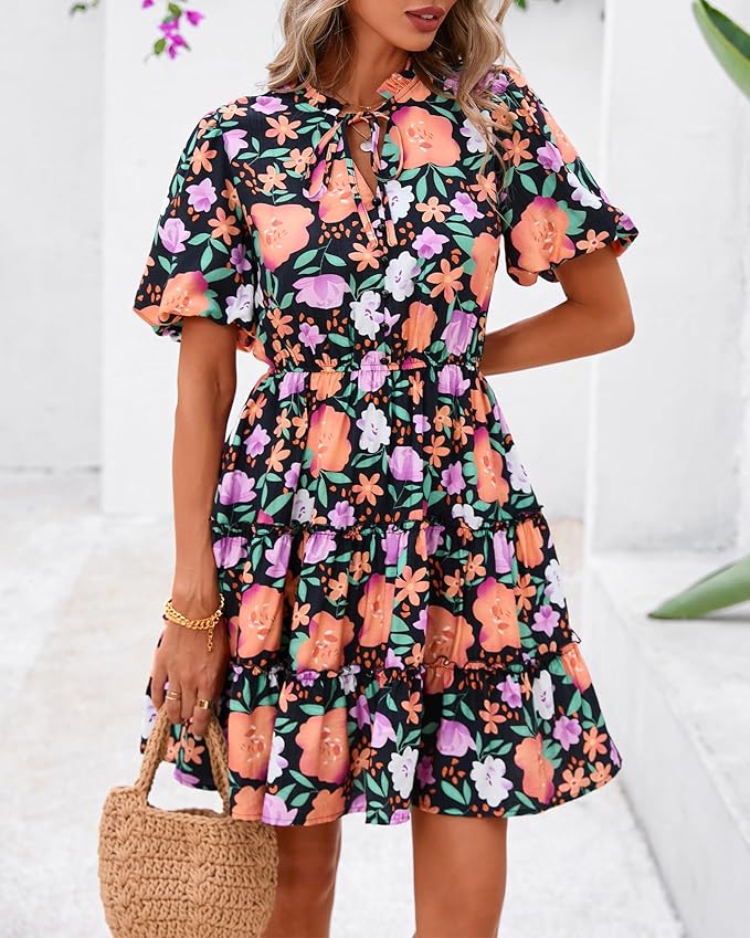 BTFBM Women Summer Floral Short Dresses V Neck Short Sleeve Tiered Ruffle Boho Swing Dress A-Line Mini Dresses