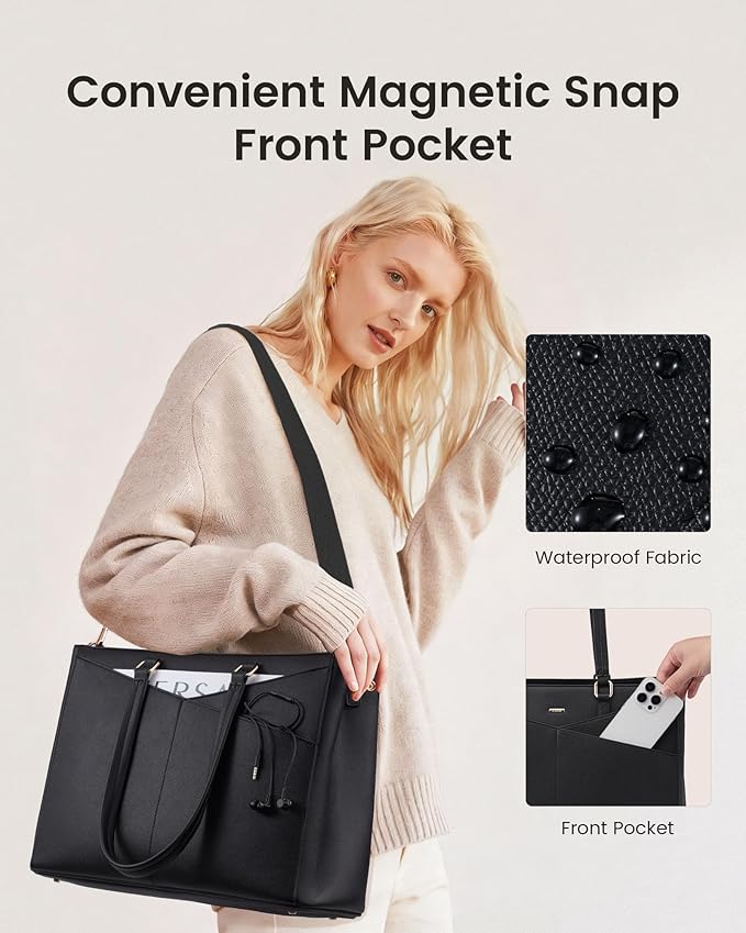 LOVEVOOK Lunch Tote Bag for Women, 3 in 1 Work Bag with Insulated Lunch Compartment, Laptop Bag with Large Cup Holder for Office, College, Casual, Black
