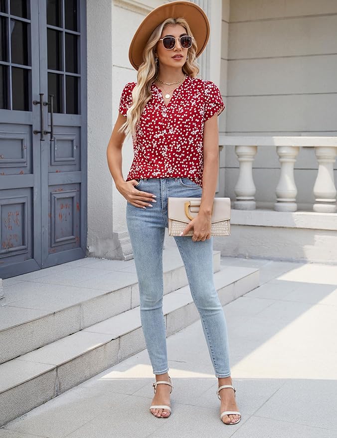Blooming Jelly Women's Dressy Casual Tops Business Work Blouses White Button Down Shirts Cap Sleeve V Neck Tshirt