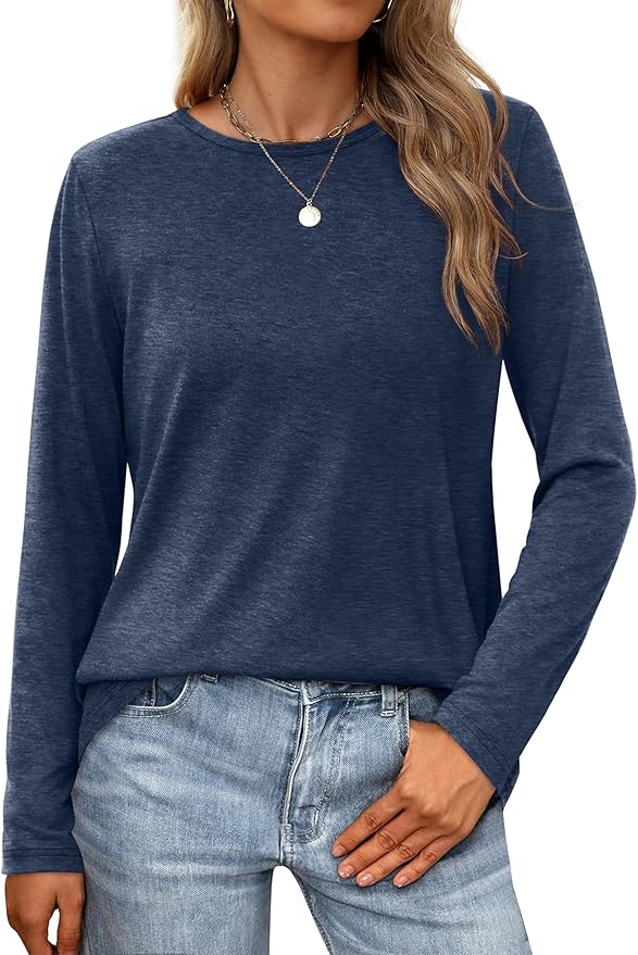 XIEERDUO Long Sleeve Shirts for Women Casual Crew Neck Basic Fall Tops Loose Fit Comfy