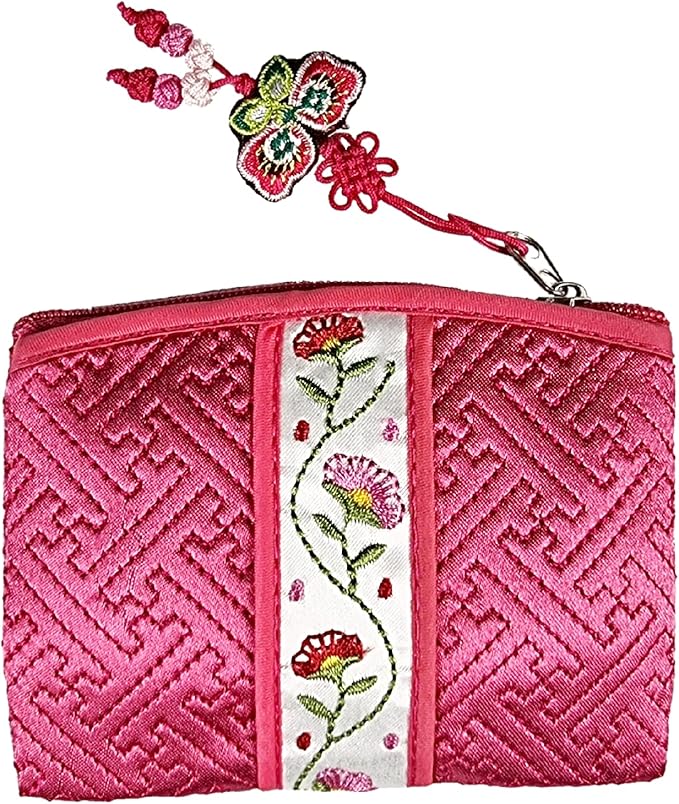 Seoulful Vintage Korean Embroidered Card Pouch - Wildflower Design Coin Purse with Butterfly Charm - Traditional Korean New Year's Gifts (Pink)