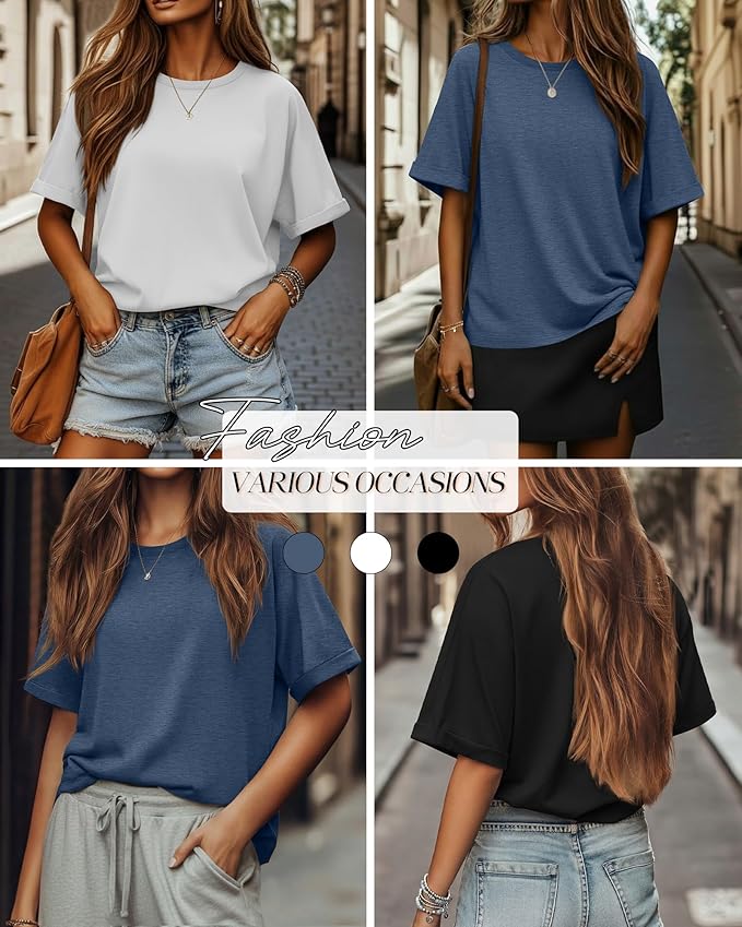 Riyiper 3 Pack Women's Oversized T-Shirt Half Sleeve Summer Tees Casual Loose Fit Crew Neck Basic Tops