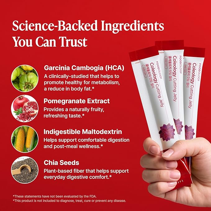 FOODOLOGY Coleology Cutting Stick Jelly, Pomegranate – Appetite Suppressant, Support Weight Management, Chia Seeds, Garcinia Cambogia HCA, Korean Dietary Supplement with Collagen – 10 Counts