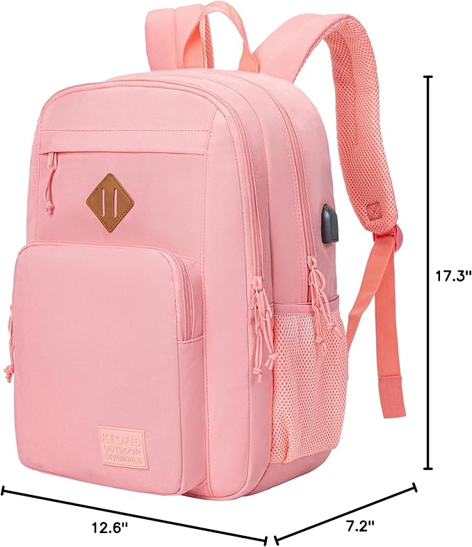 KEOFID Classic Travel backpack for Men and Women, Anti Theft Laptop Backpack with USB Charging Port for Work, Large Bag for College, Water Resistent(Bright Pink)