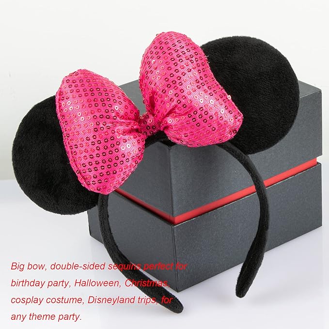 CHuangQi 1pcs Mouse Ears Shiny Headband with 3D Bow Hair Band Double-sided Sequin Bow for Birthday Party or Amusement Park (3D RoseredBow)