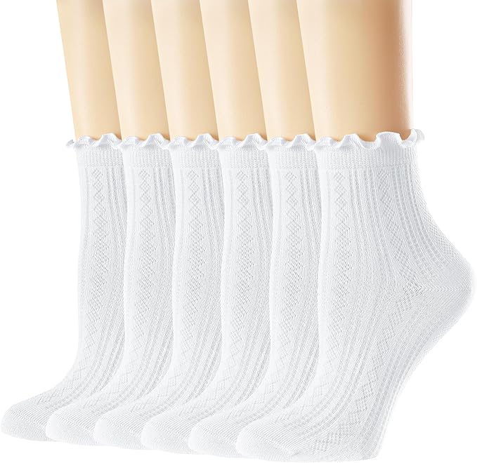 Mcool Mary Womens Crew Socks Ruffle Casual Cotton Frilly Breathable Cute Knit Lettuce Trim Dress Ankle Socks 6 Pack