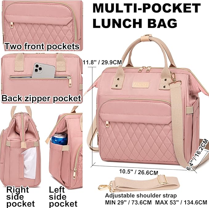 AIJIEKE Lunch Bag for Women, Leakproof & Insulated Work Lunch Box Tote, Reusable Adult Cooler Bag with Water Bottle Side Pocket & Removable Shoulder Strap, Pink