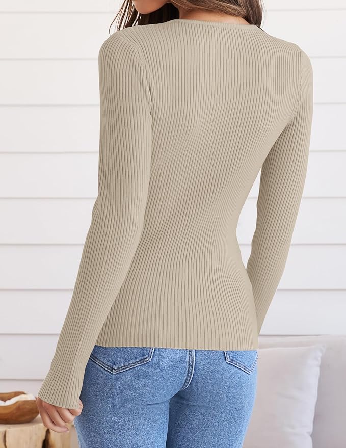 ZESICA Women's Long Sleeve Crewneck Shirts 2026 Fall Ribbed Knit Sweater Slim Fitted Casual Basic Tee Tops