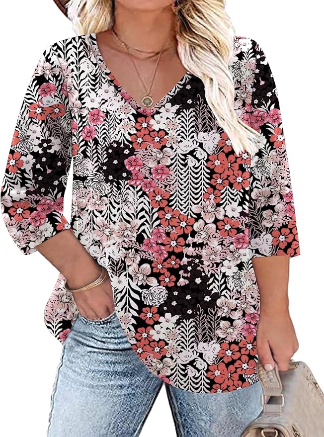 TFSDOD Womens Plus Size Tops V Neck T Shirts 3/4 Sleeve Blouse Summer Casual Tees XL-5X