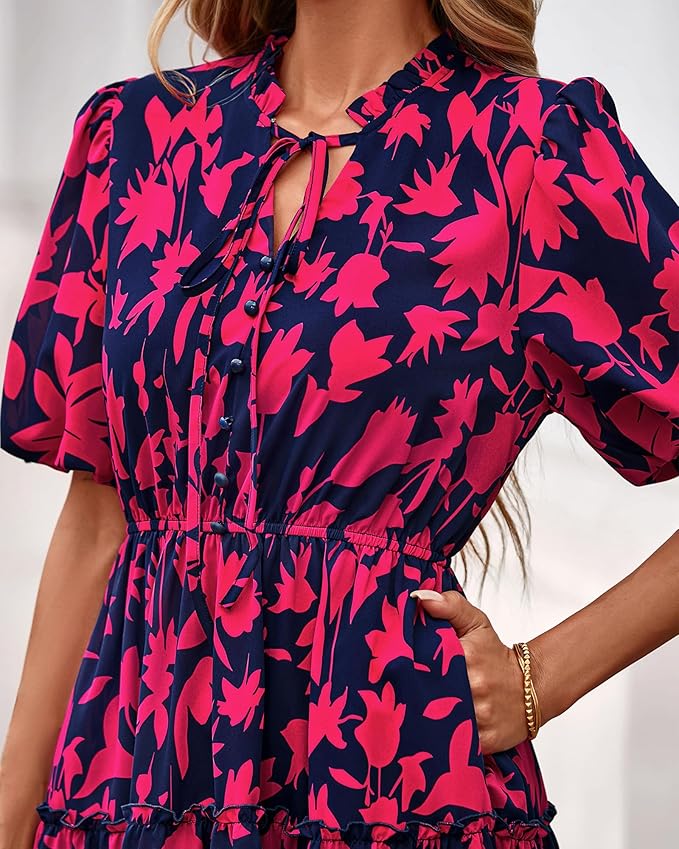 BTFBM Women Summer Floral Short Dresses V Neck Short Sleeve Tiered Ruffle Boho Swing Dress A-Line Mini Dresses