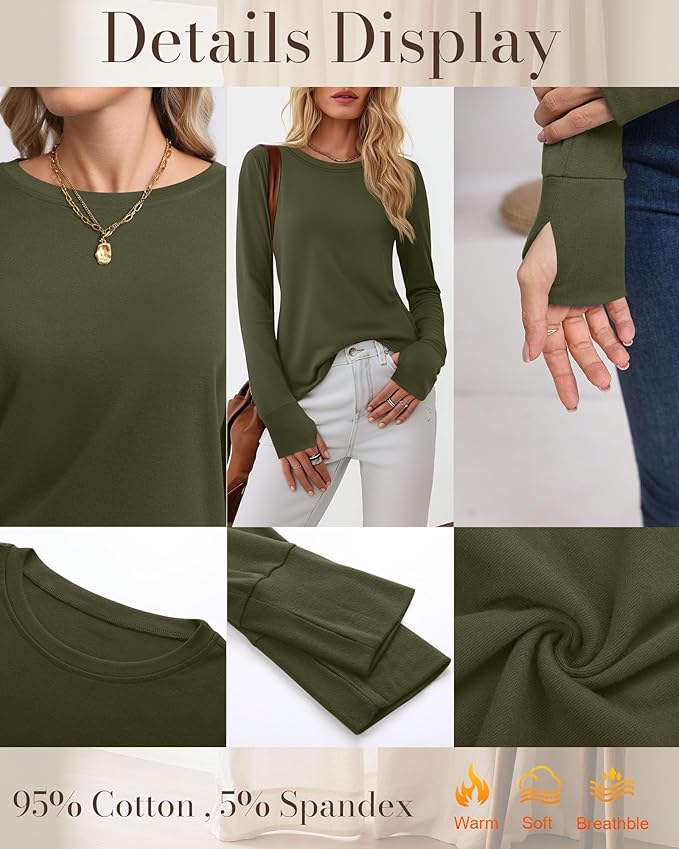 Huukeay 3 Pack Women's Long Sleeve Shirts with Thumb Holes, Cotton Casual Crew Neck Tunic Tops Fall Loose Y2k Trendy Outfits