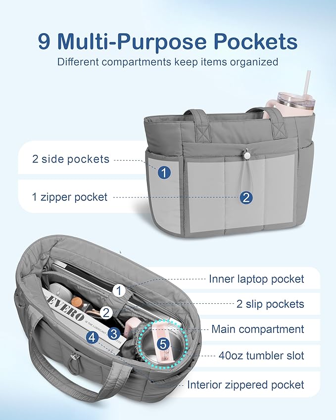 TOPDesign Puffy Tote Bag for Women with Cup Holder & Laptop Compartment & Cosmetic Bag & Trolley Sleeve for Work, Travel