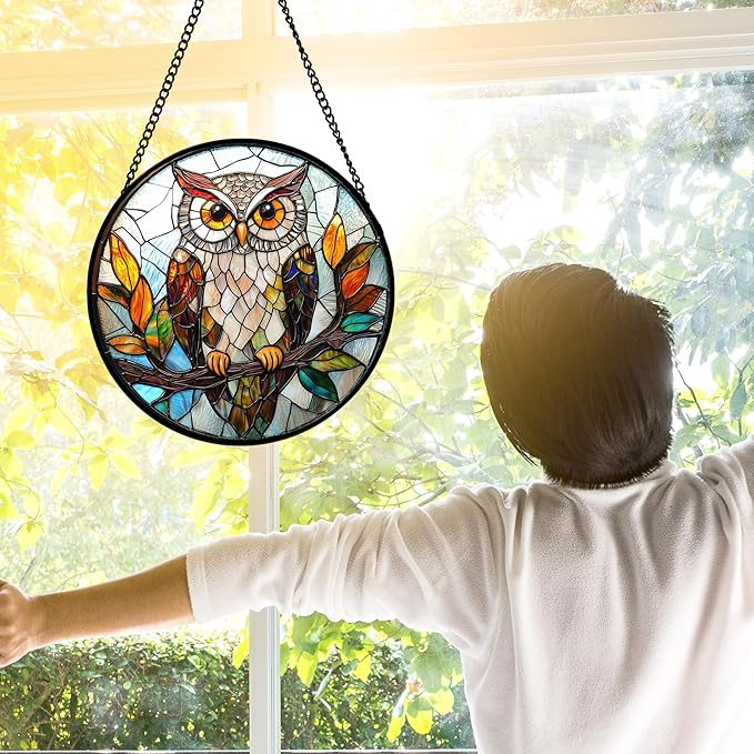 Stained Glass Window Hanging, Owl Colorful Leaves Birds Sun Catchers Diamond Glass Panel Hangings Suncatcher Decor for Birthday for Women, Men, Wife, Aunt, and Mom 6.3 in