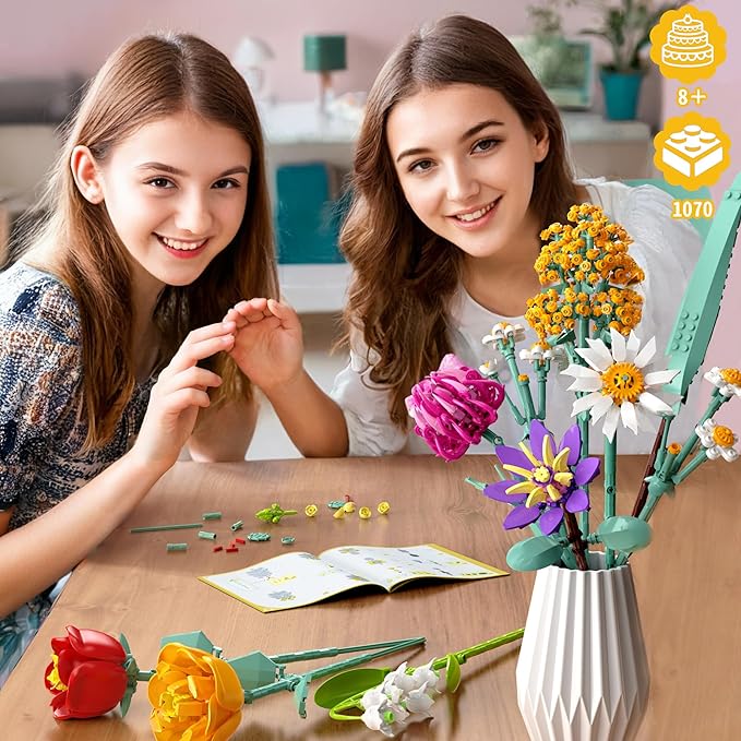 Flowers Bouquet Building Set, 1070PCS Wildflower Botanical Collection Kit, Artificial Plant Flower Toy for Women Kids Girls, Home Office Decor Gift for Valentine's Day, Mother's Day, Christmas