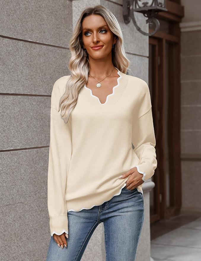 Zeagoo Women's 2026 Fall V Neck Sweater Casual Long Sleeve Lightweight Ribbed Knit Pullover Sweaters Dressy Casual Tops