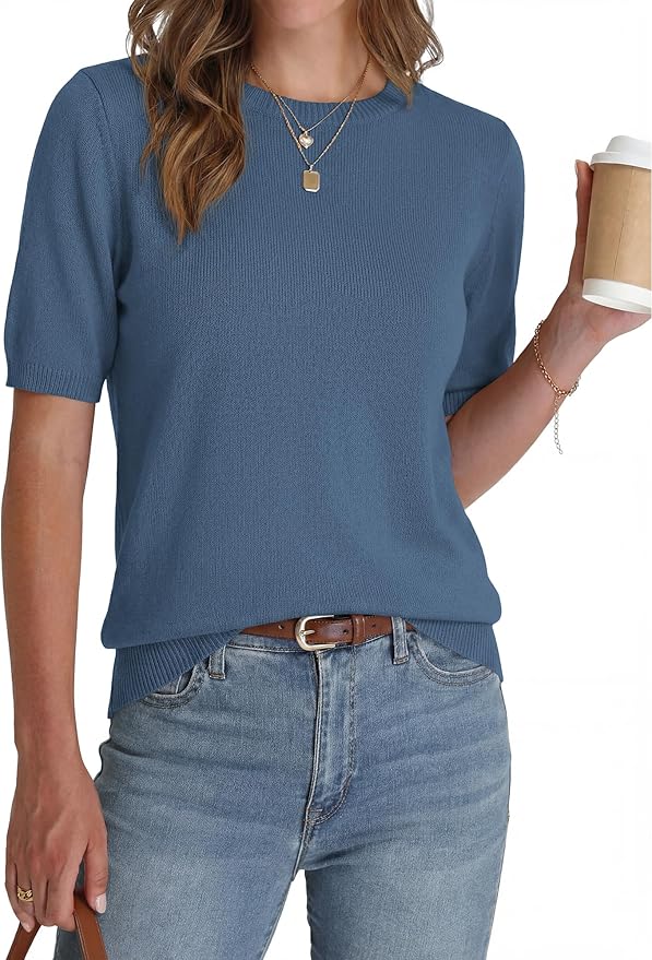 BTFBM Short Sleeve Sweater for Women Spring Tops Crew Neck Lightweight Pullover Loose Dressy Casual Blouse Basic Clothes