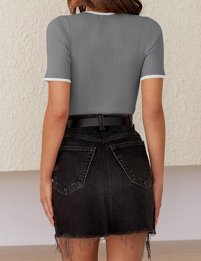 ZESICA Women's Short Sleeve Sweater Tops 2026 Summer Crewneck T Shirt Ribbed Knit Slim Fit Basic Solid Color Tee