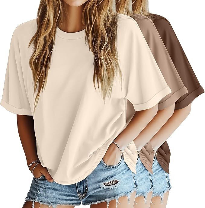 Riyiper 3 Pack Women's Oversized T-Shirt Half Sleeve Summer Tees Casual Loose Fit Crew Neck Basic Tops
