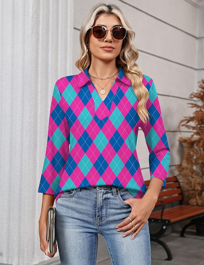 LOMON 3/4 Length Sleeve Womens Tops 2026 Spring Summer Collared Polo Shirts V Neck Casual Basic Polos Tees Shirt