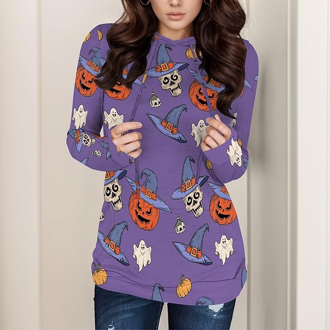 domirica Halloween Sweatshirts For Women Long Sleeve Spooky Graphic Sweatshirts Pumpkin Pullover Halloween Party Club Wear
