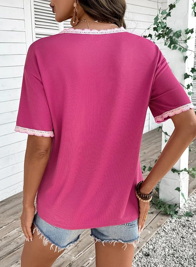 Dokotoo Womens Summer Tops Casual Short Sleeve Lace T-Shirts Solid V Neck Waffle Knit Shirts Blouses