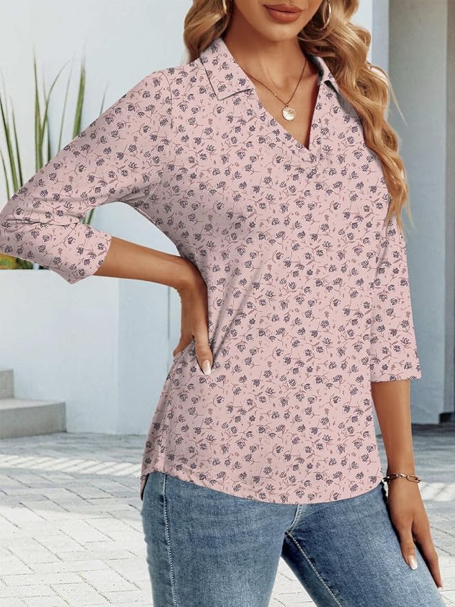 3/4 Length Sleeve Womens Tops Dressy Casual V Neck Polo Shirts Business Work Blouses 2025 Trendy Tunic Top