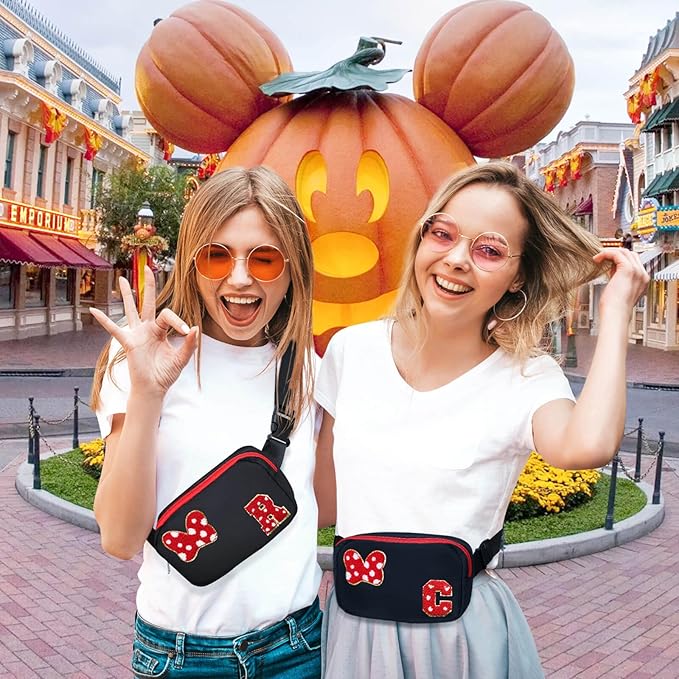 Chenille Initial Letter Bow Mouse Fanny Pack, Waterproof Park Crossbody Bag Christmas Birthday Gifts for Teen Girls Daughter Women Kids Adults, Cute Belt Bag Must Haves for Park Travel (C, Black)