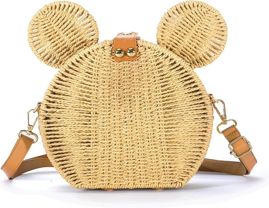 Round Rattan Straw Bag Purse for Women Handmade Cute Mouse Ear Wicker Woven Purse Crossbody Shoulder Bag Handbag