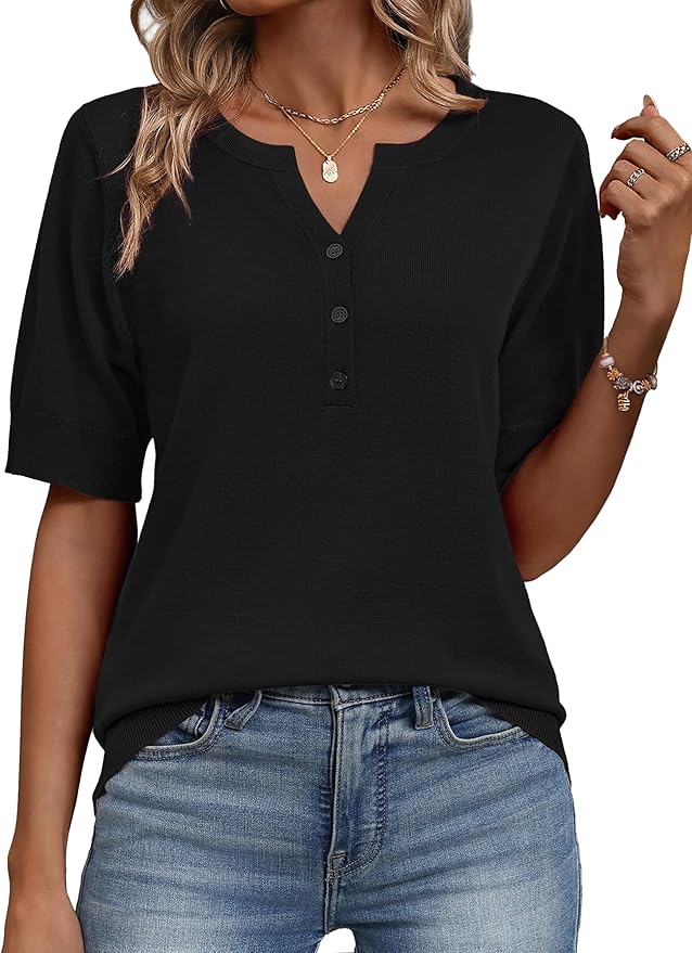 Zeagoo Women's Short Sleeve Sweater 2026 Spring Summer Tops Lightweight Casual V Neck Sweaters Dressy Work Blouses Clothes
