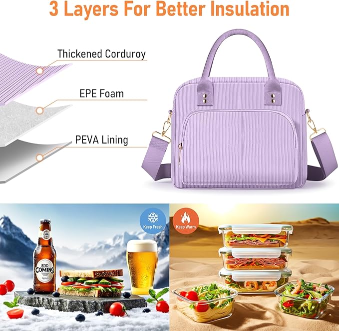 Lunch Bag Large Insulated Lunch Box for Women Men Adult Cute Purple Lunchbox Corduroy Lunch Bags Boxes Pail with Adjustable Shoulder Strap for Work Mom Picnic Office Travel 11.4×6.8×9.1 inches 11.5L