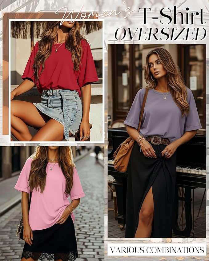 Riyiper 3 Pack Women's Oversized T-Shirt Half Sleeve Summer Tees Casual Loose Fit Crew Neck Basic Tops