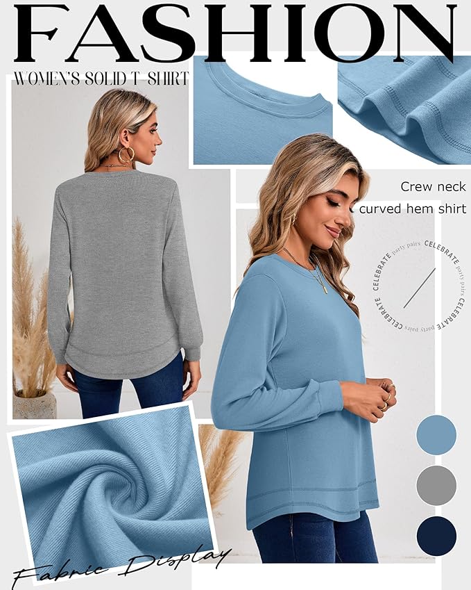 Ficerd 3 Pack Women's Long Sleeve Shirts, Cotton Crew Neck Tunic Tops Casual Loose Fit Pullover Sweatshirts Curved Hem Shirts