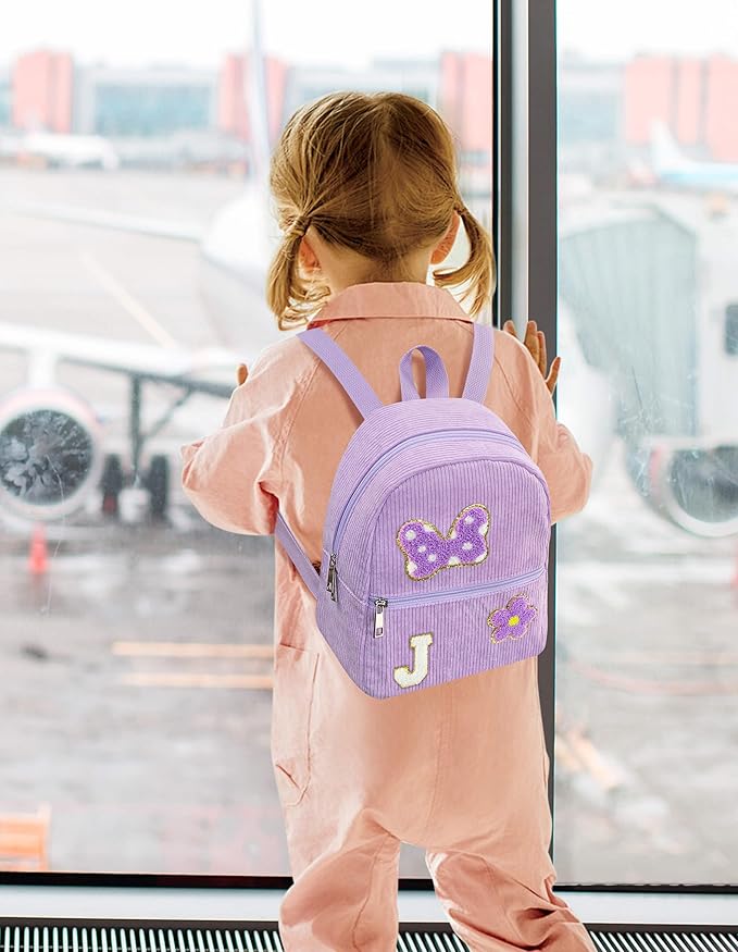 2 3 4 5 6 Year Old Girl Gifts Chenille Initial Mouse Bow Mini Backpack, Corduroy Toddler Backpacks Christmas Birthday Gifts for Girls 2-4 5-6, Purple Mini Diaper Bag Must Haves for Park Travel J