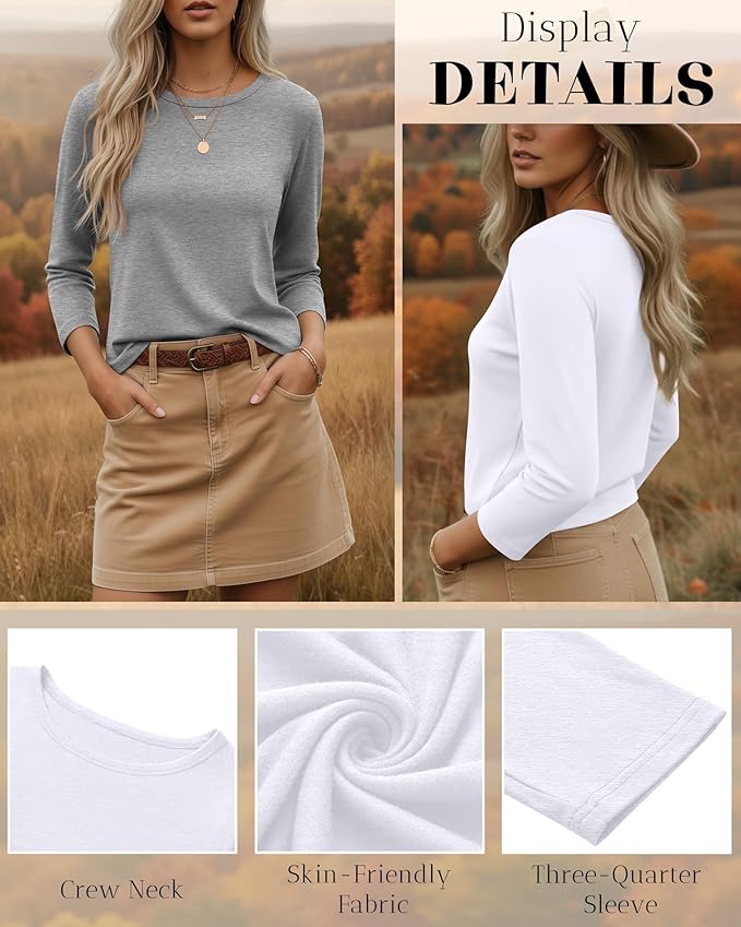 Ficerd 3 Pack 3/4 Sleeve Tops for Women Round Neck Dressy Basics Tees Casual Trendy Loose Fit T Shirts