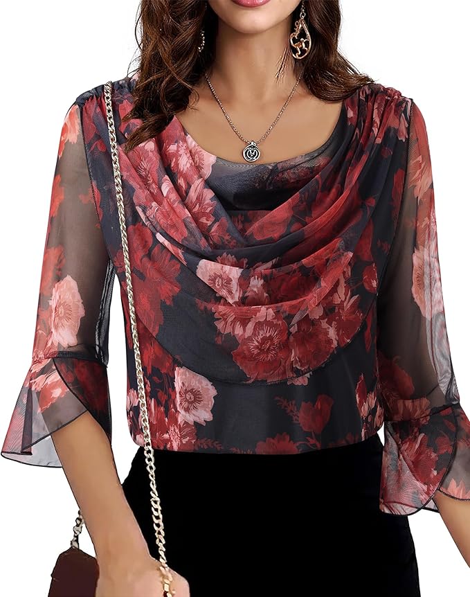 Lotusmile Blouses for Women Dressy Casual 3/4 Sleeve Cowl Neck Sparkly Tops Cocktail Shirts for Evening Party