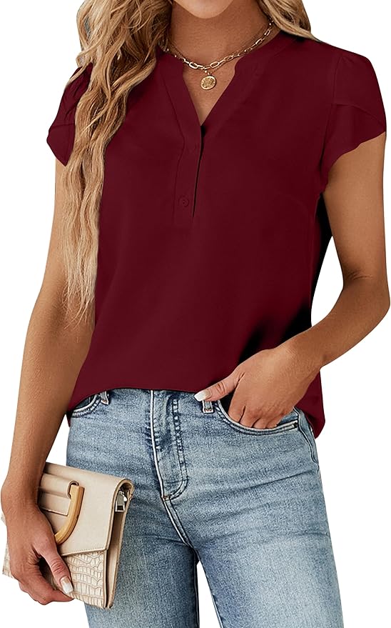 Blooming Jelly Women's Dressy Casual Tops Business Work Blouses White Button Down Shirts Cap Sleeve V Neck Tshirt