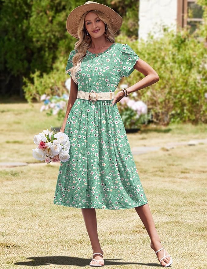 HOTOUCH Women's Summer A-Line Midi Dresses 2026 Casual Floral Short Sleeve T-Shirt Dress Flowy Beach Sundress with Pockets