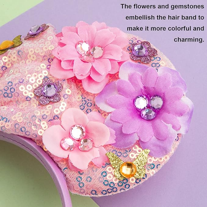 CHuangQi Mouse Ears Headbands with Shiny Bow, Double-sided Sequins Glitter Hair Band for Birthday Party Celebration or Event