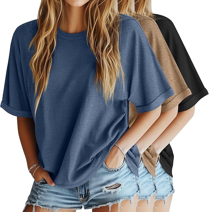 Riyiper 3 Pack Women's Oversized T-Shirt Half Sleeve Summer Tees Casual Loose Fit Crew Neck Basic Tops