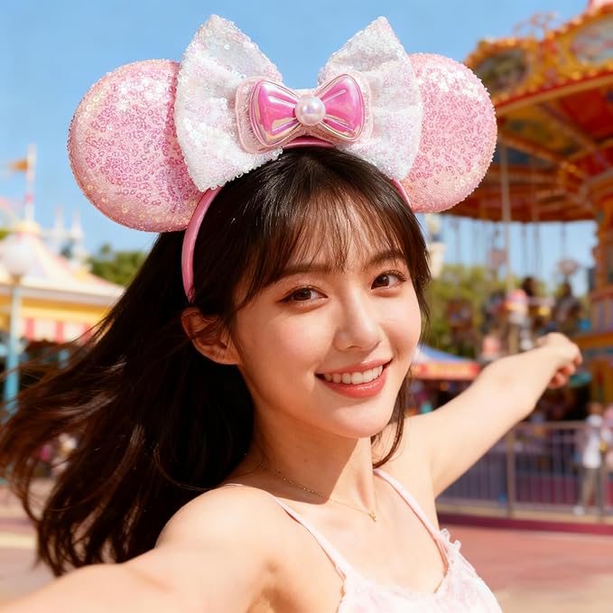WW-WONDERFULWORLD Pink Mouse Ears Headbands With Shiny Bows & Sequins, for Girls Women Costume Cosplay Glitter Party; FG-FB