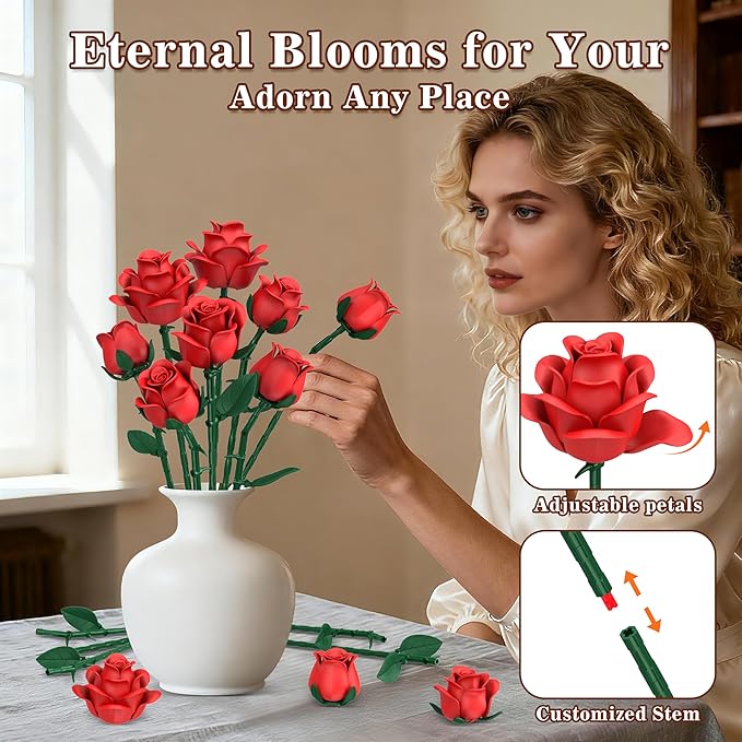 Red Roses Flower Bouquet Building Sets, 670Pcs Artificial Flowers Building Blocks Compatible with Lego Flowers Valentines Day Gifts for Her/Mom/Girlfriend/Wife/Couple Romantic Table Home Decor