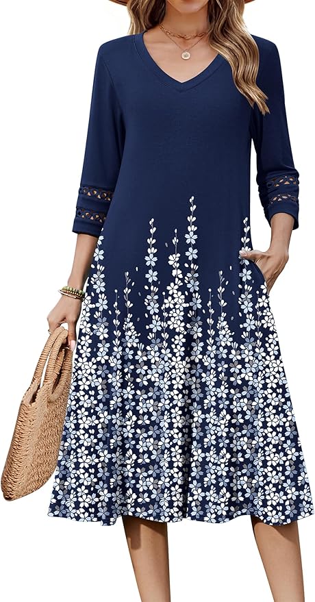 Zeagoo Women's Dresses 3/4 Sleeve Summer Casual V-Neck A Line Flowy Eyelet Midi Dress for Women Beach Vacation Sundress