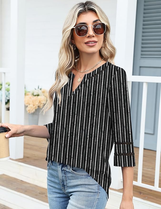 Ivicoer 3/4 Length Sleeve Womens Tops V Neck Lace Embroidered Summer Blouses Loose Fit Tunic Dressy Casual