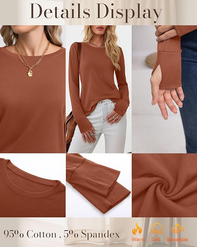 Huukeay 3 Pack Women's Long Sleeve Shirts with Thumb Holes, Cotton Casual Crew Neck Tunic Tops Fall Loose Y2k Trendy Outfits