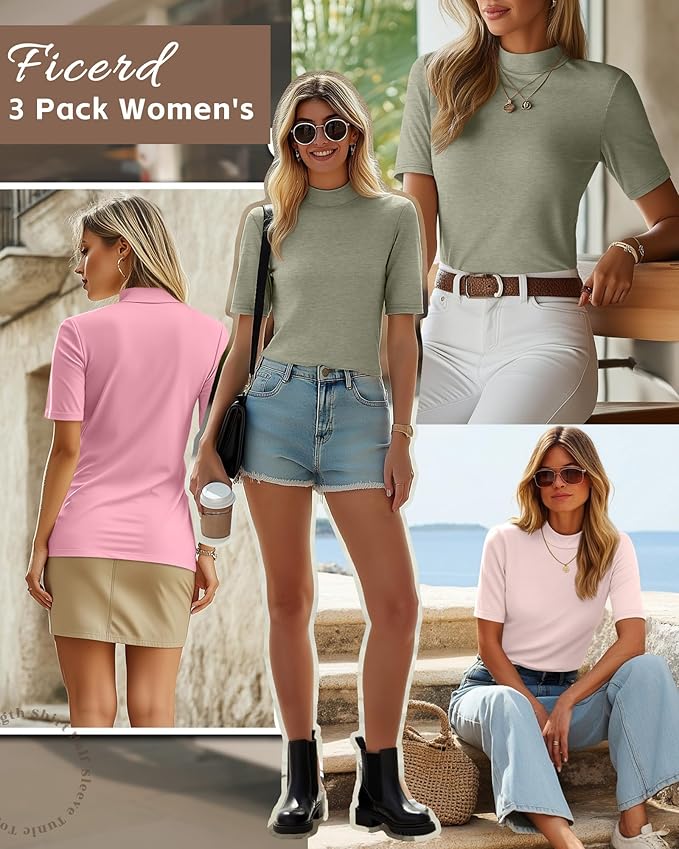 Ficerd 3 Pack Women's 1/2 Sleeve Mock Turtleneck Shirts, Elbow Length Shirt Half Sleeve Tunic Top Casual Summer Basic Tees