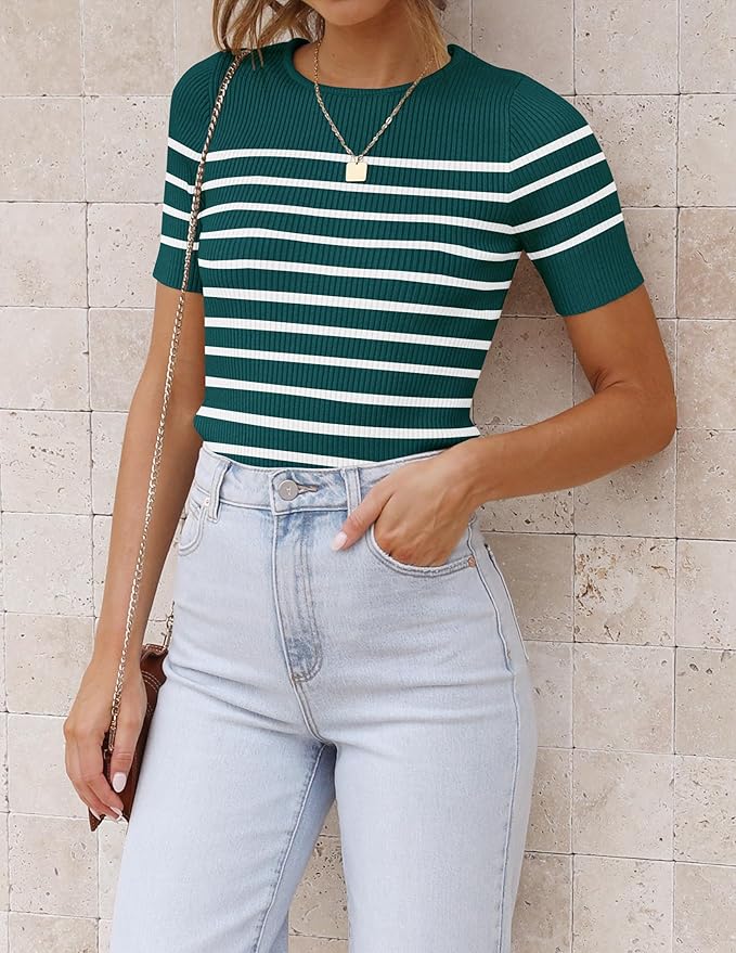 ZESICA Women's Short Sleeve Crewneck Striped T Shirt 2026 Summer Ribbed Knit Slim Fit Casual Basic Tee Tops