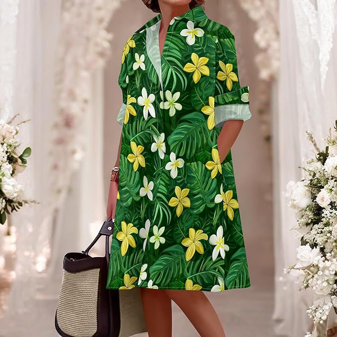 Shirt Dresses for Women 2025 Summer Long Sleeve Casual Plus Size Floral Printed Beach Vacation Dress with Pockets
